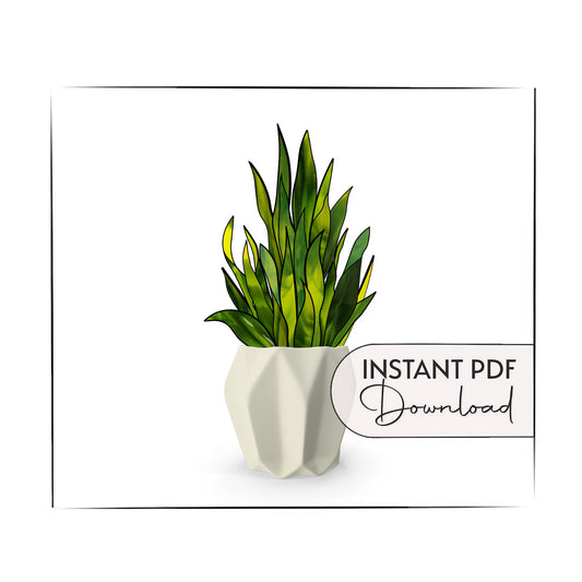 Illustration of a potted plant with green leaves in a white geometric pot within a frame. Text overlay: "INSTANT PDF Download.