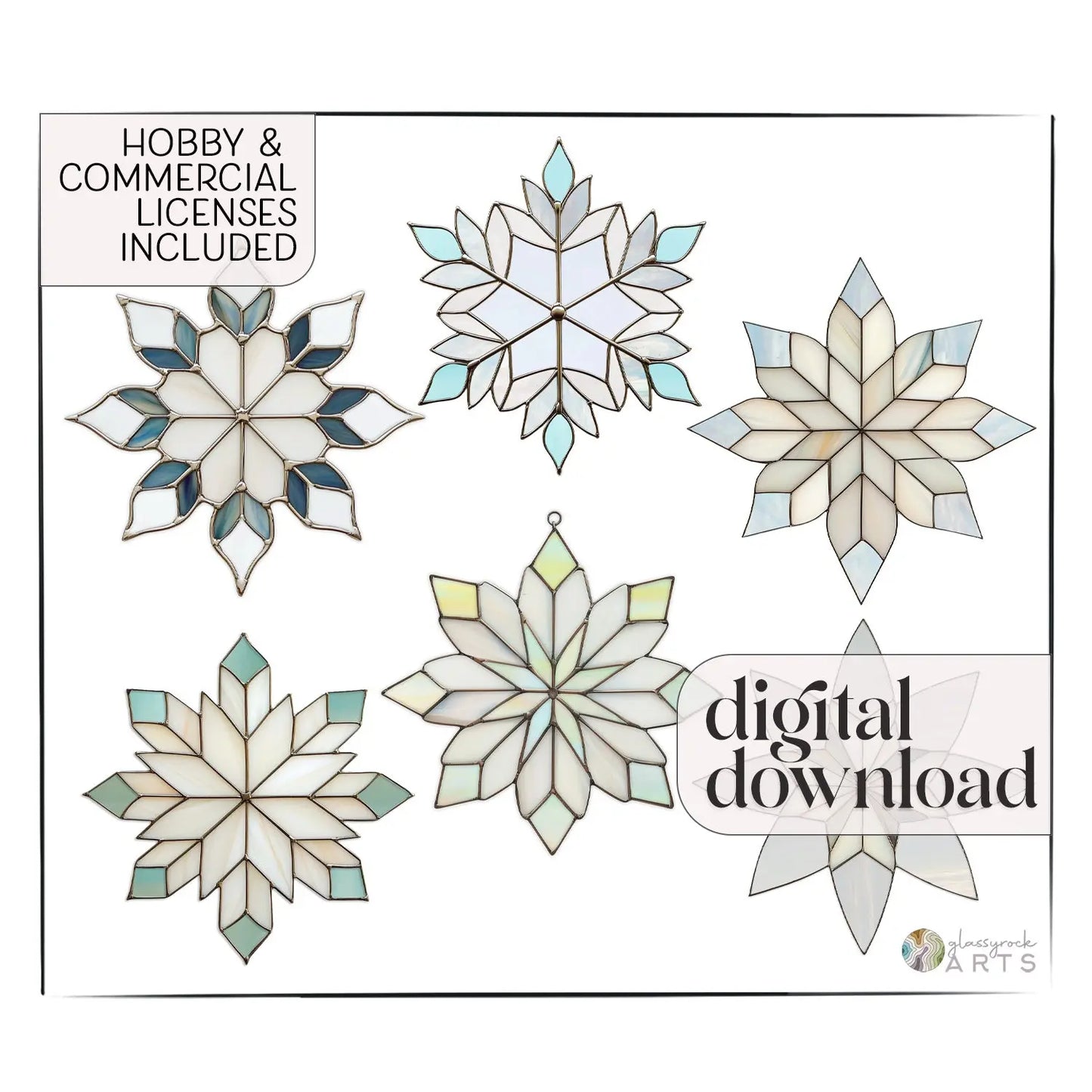 Snowflakes Stained Glass Pattern Pack of 6 - GlassyRock Arts snowflakes-stained-glass-pattern-pack-of-6-glassyrock-arts