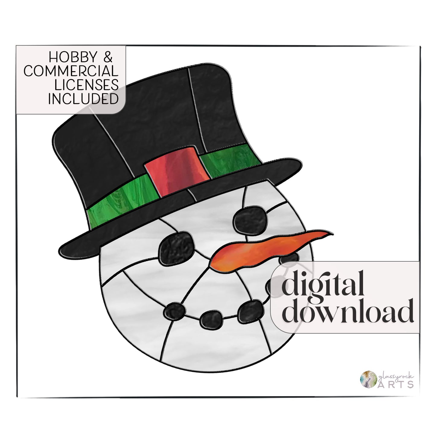 A picture of the Charcoal Smile Snowman Stained Glass Pattern from GlassyRock Arts. 