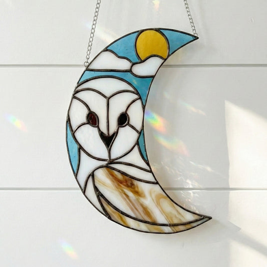 Crescent Moon Snowy Owl Stained Glass Pattern