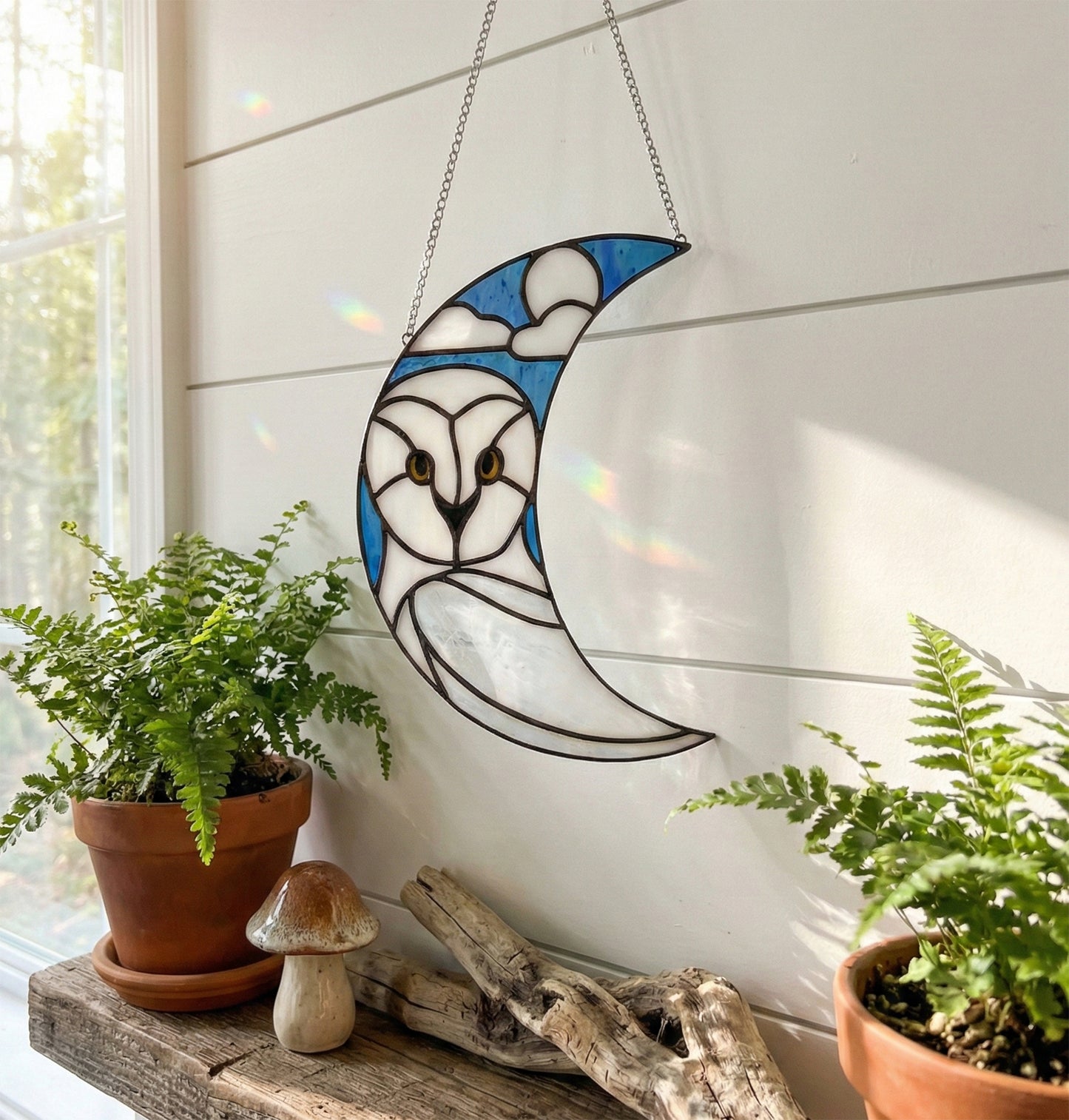 Crescent Moon Snowy Owl Stained Glass Pattern