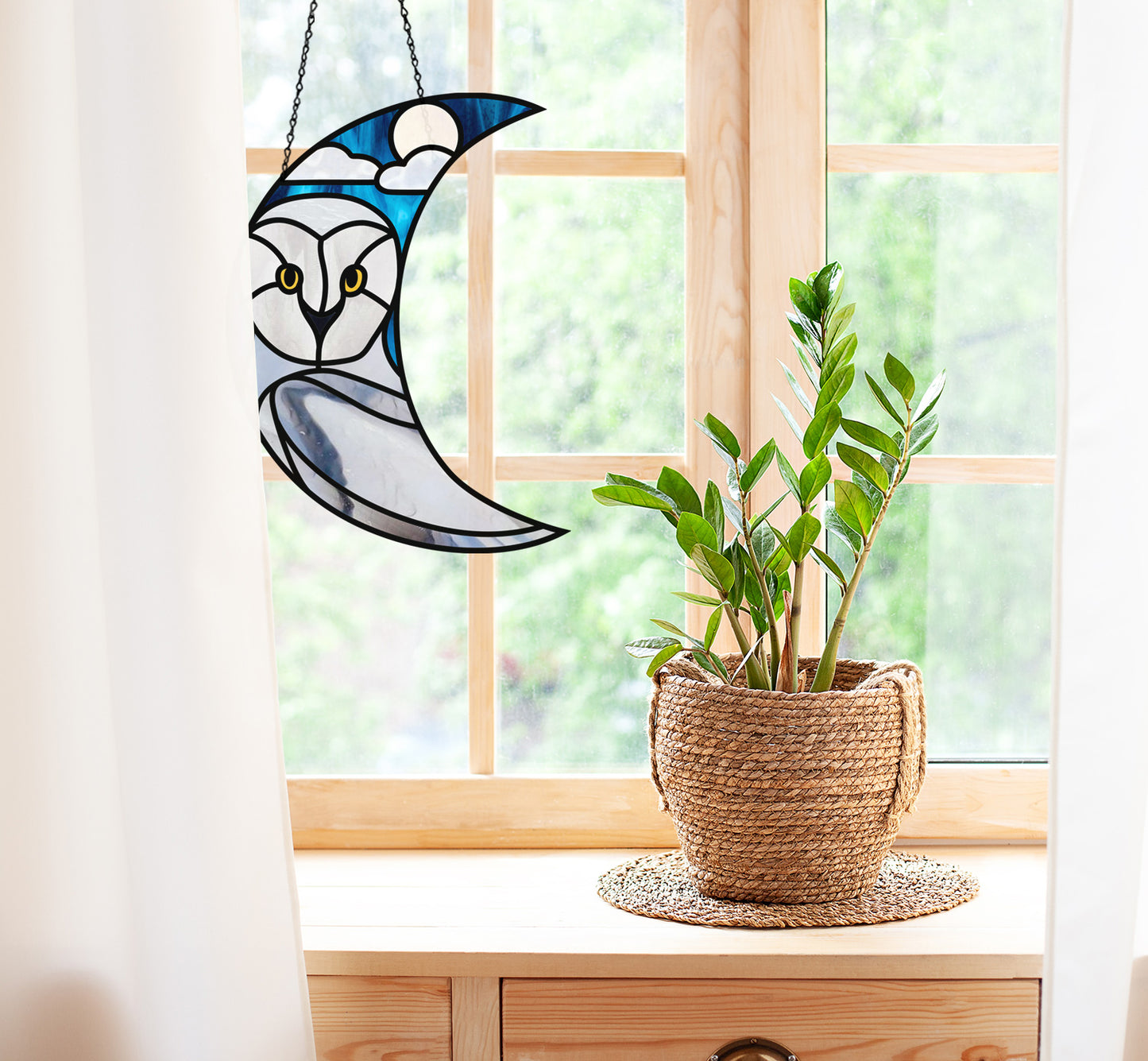 Crescent Moon Snowy Owl Stained Glass Pattern