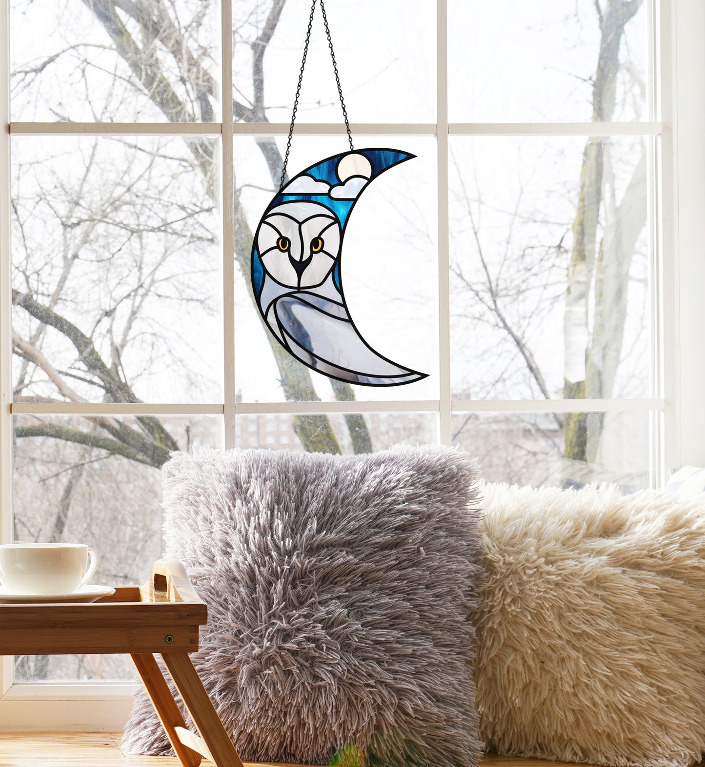 Crescent Moon Snowy Owl Stained Glass Pattern