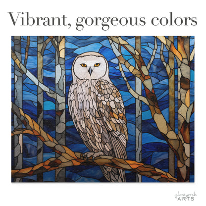 The Stained Glass Owl Jigsaw Puzzle features a stunning design of an owl on a branch against abstract trees and a blue sky. With vibrant colors, it creates an intricate artwork that makes a perfect gift for art and puzzle lovers.