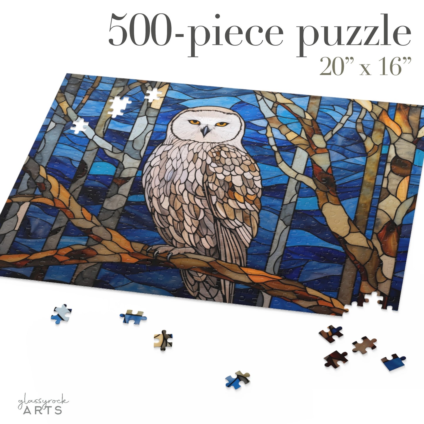 A picture of the Stained Glass Owl Jigsaw Puzzle from GlassyRock Arts. 