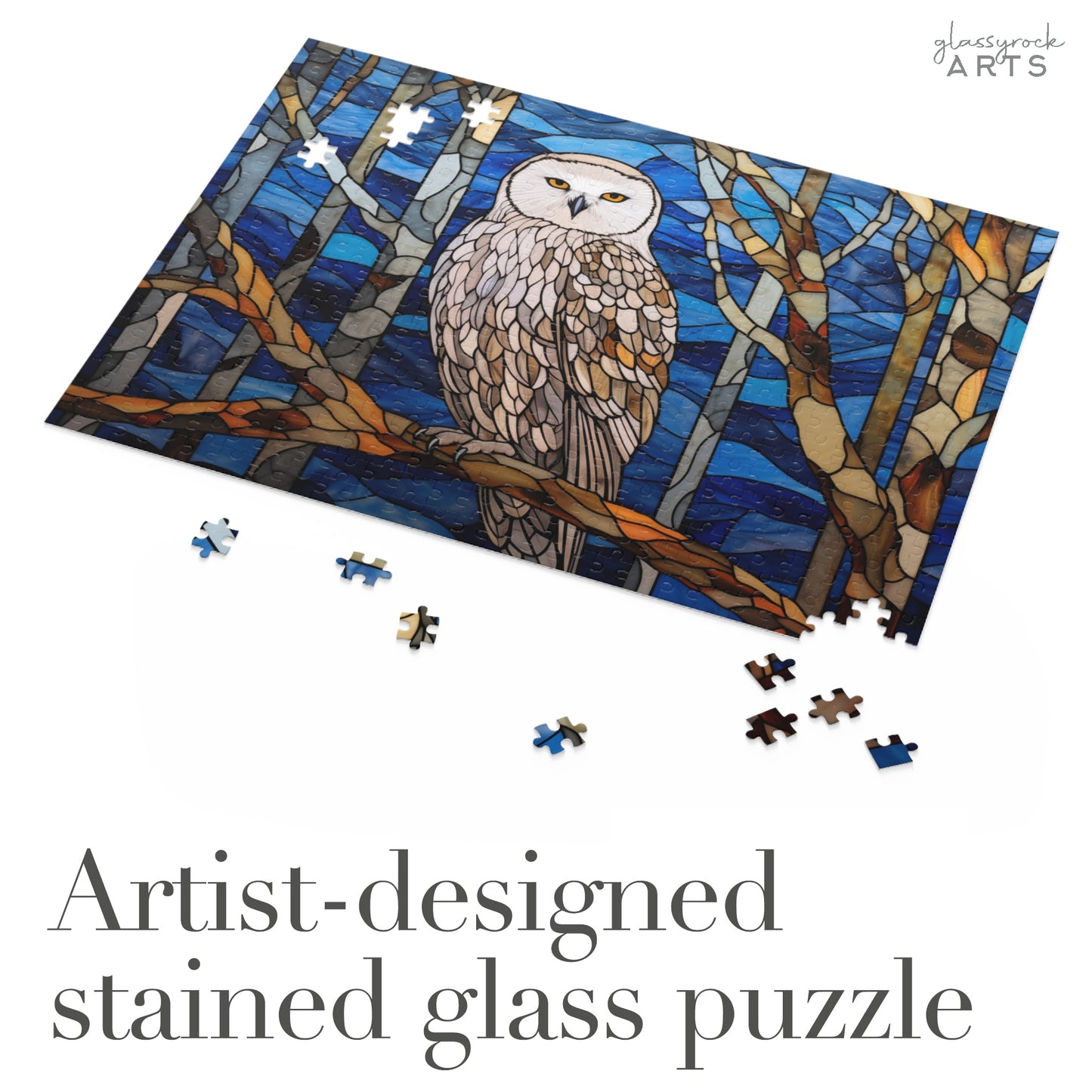 A picture of the Stained Glass Owl Jigsaw Puzzle from GlassyRock Arts. 