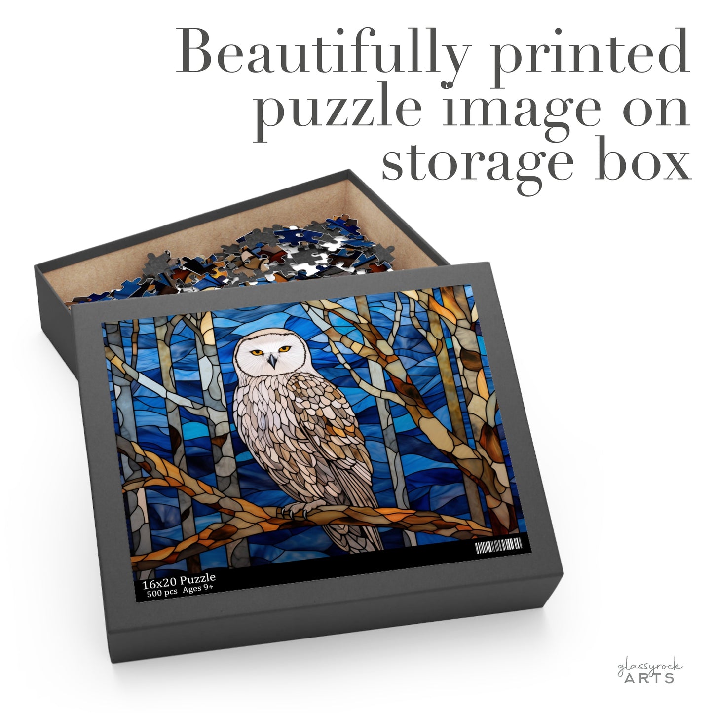 A picture of the Stained Glass Owl Jigsaw Puzzle from GlassyRock Arts. 