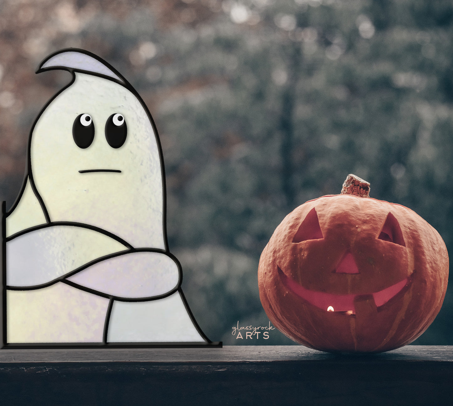 A picture of the So Over It Ghost Buddy Halloween Stained Glass Pattern from GlassyRock Arts. 