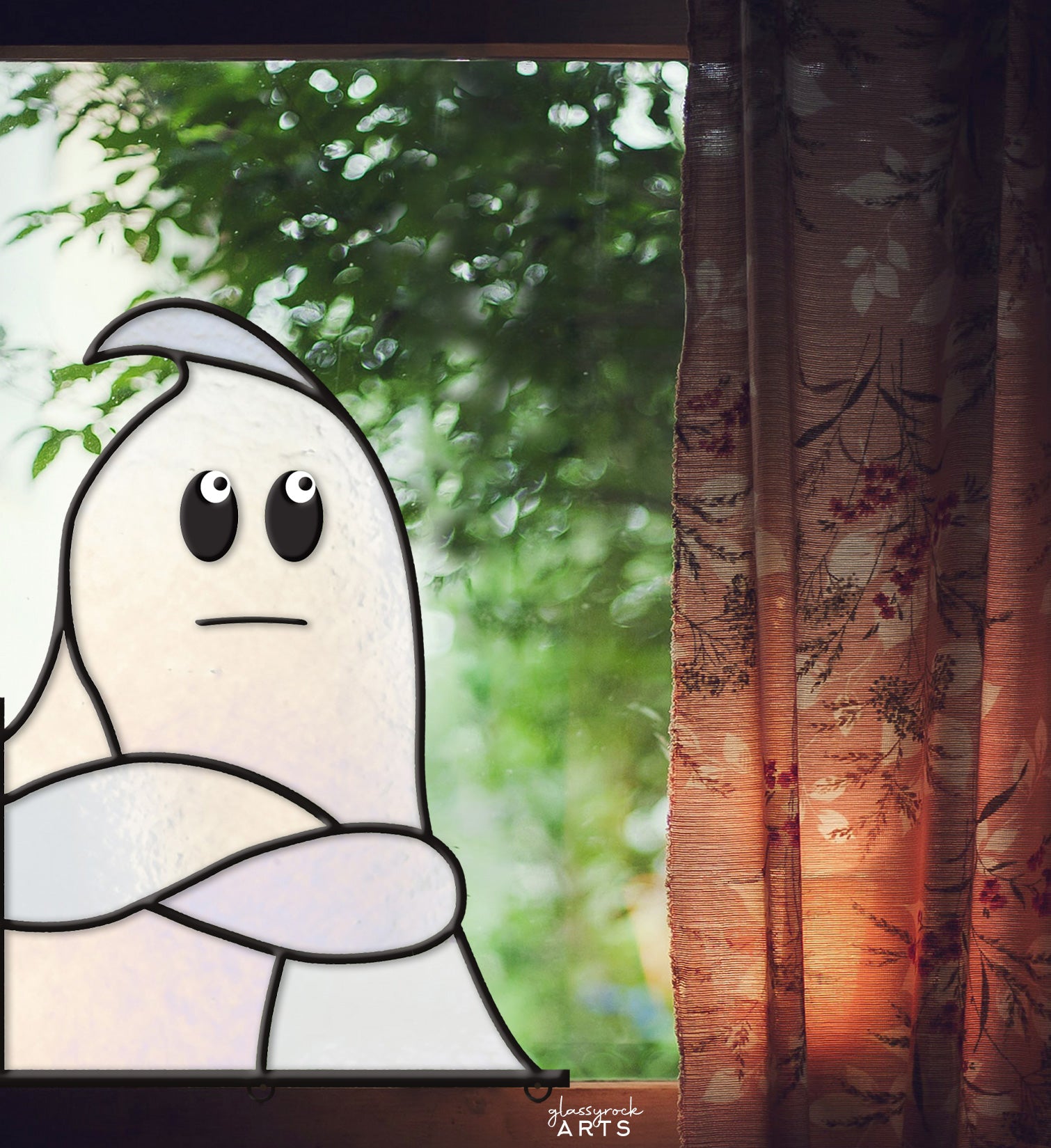 A picture of the So Over It Ghost Buddy Halloween Stained Glass Pattern from GlassyRock Arts. 