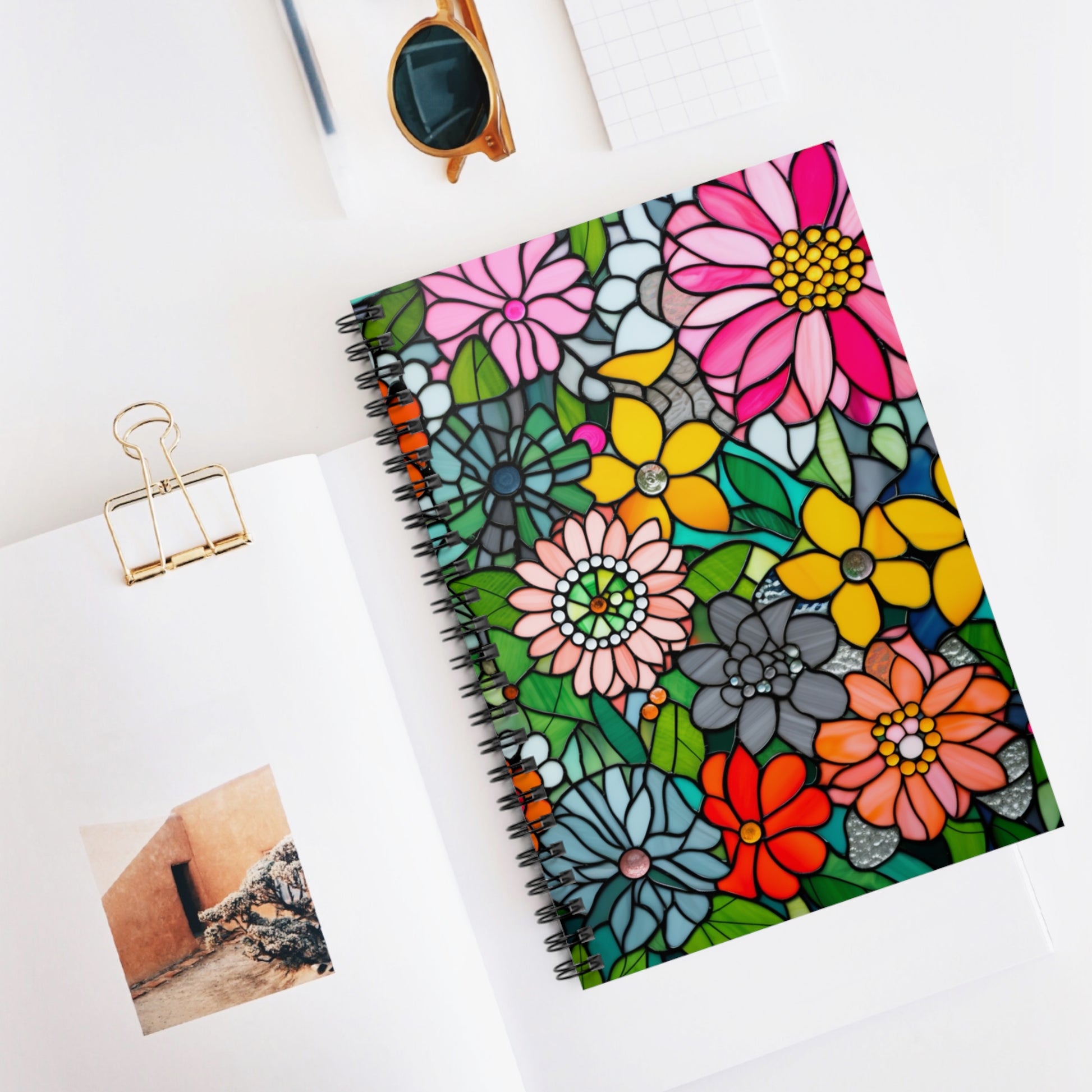 A picture of the Stained Glass Flowers Spiral Notebook from GlassyRock Arts. 