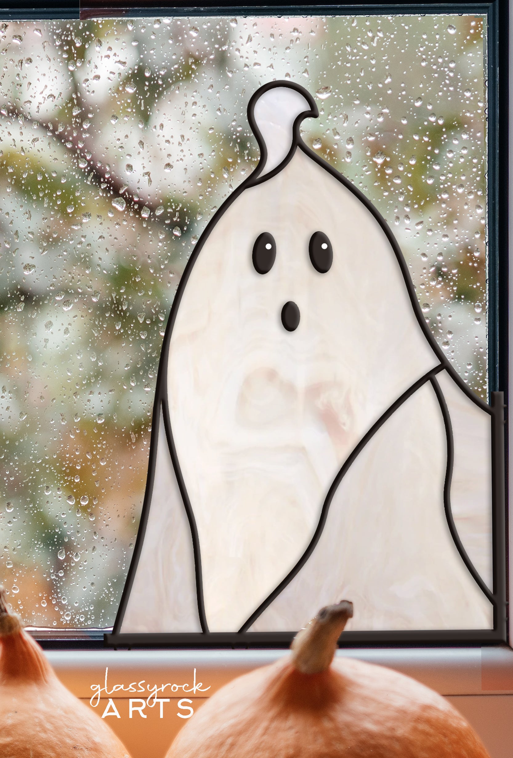 A picture of the Spooked Ghost Buddy Halloween Stained Glass Pattern from GlassyRock Arts. 