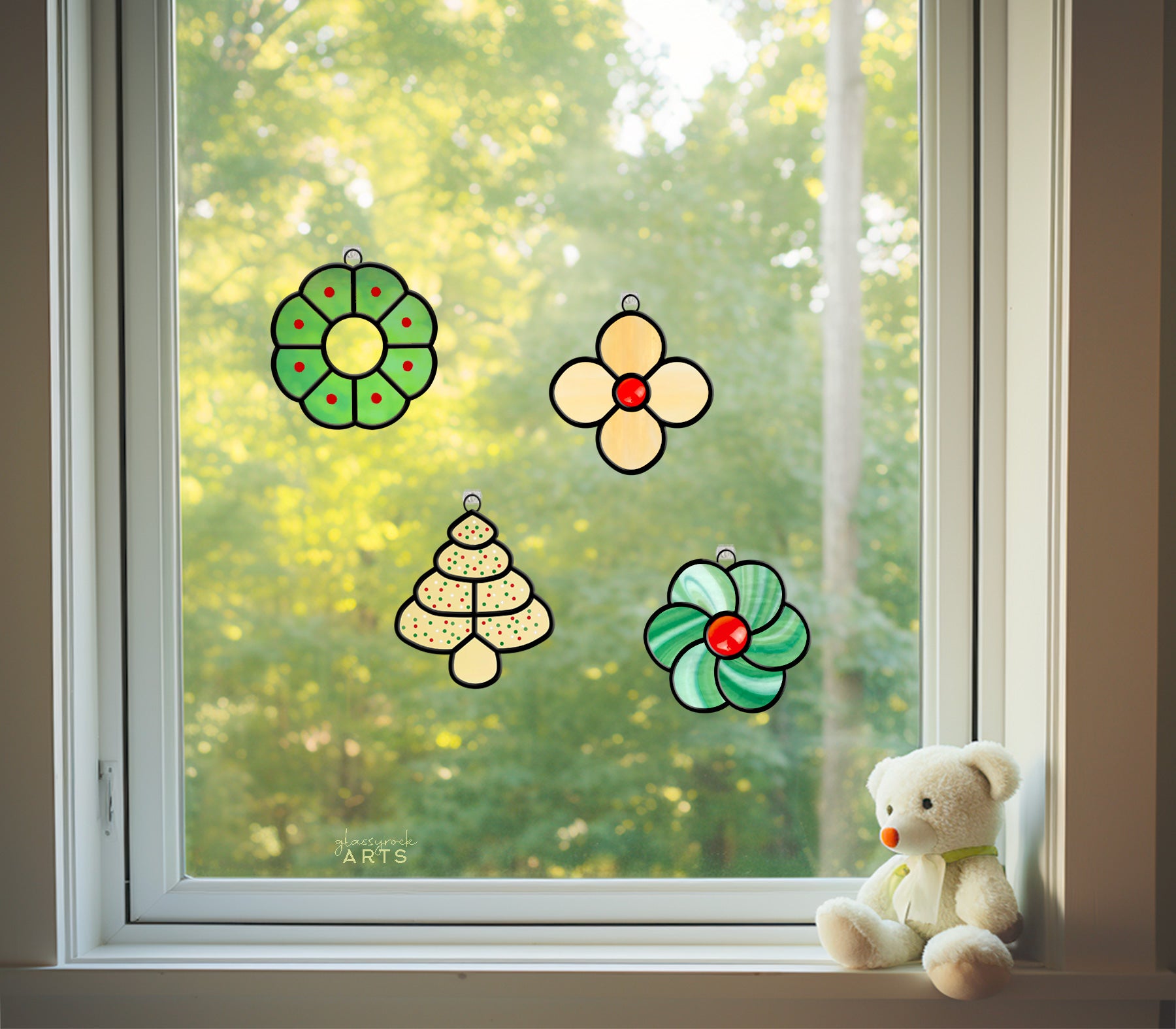 A picture of the Stained Glass Christmas Cookie Ornament Patterns 4 Pack from GlassyRock Arts. 