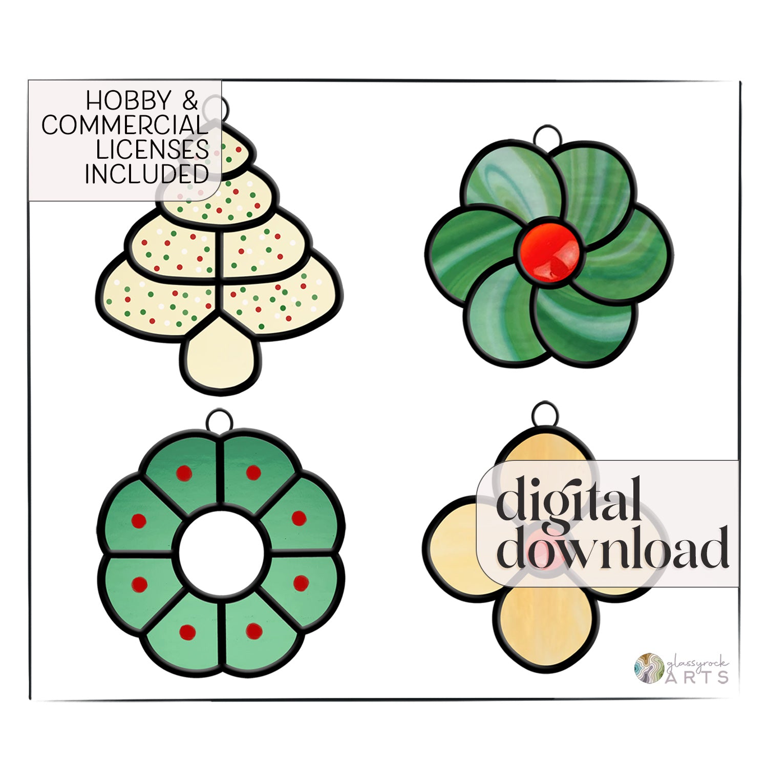 A picture of the Stained Glass Christmas Cookie Ornament Patterns 4 Pack from GlassyRock Arts. 