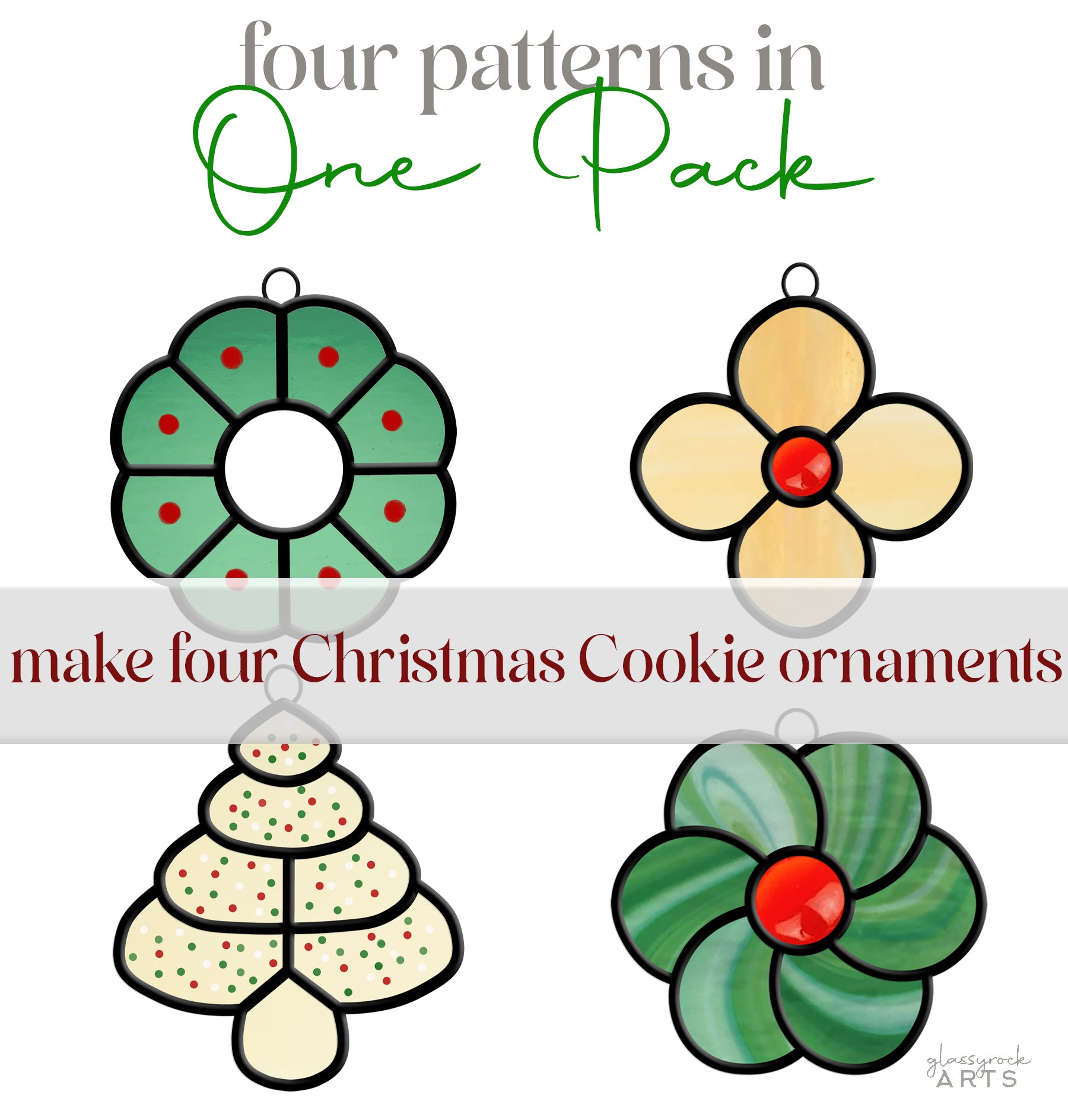 A picture of the Stained Glass Christmas Cookie Ornament Patterns 4 Pack from GlassyRock Arts. 