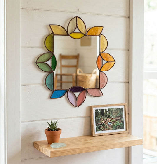Square Mirror Stained Glass Leaves Pattern