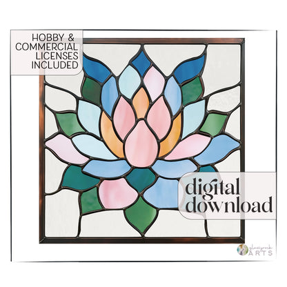 A beautiful stained glass succulent square panel with rainbow colors of glass, on a white background with the words "digital download" and "hobby and commercial licenses" superimposed.