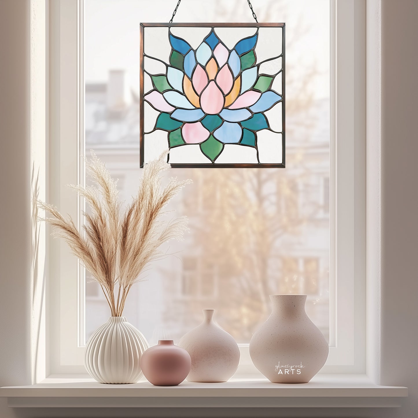 A beautiful square stained glass succulent panel, hanging in a window with a bright city background and pretty pastel vases on the windowsill.