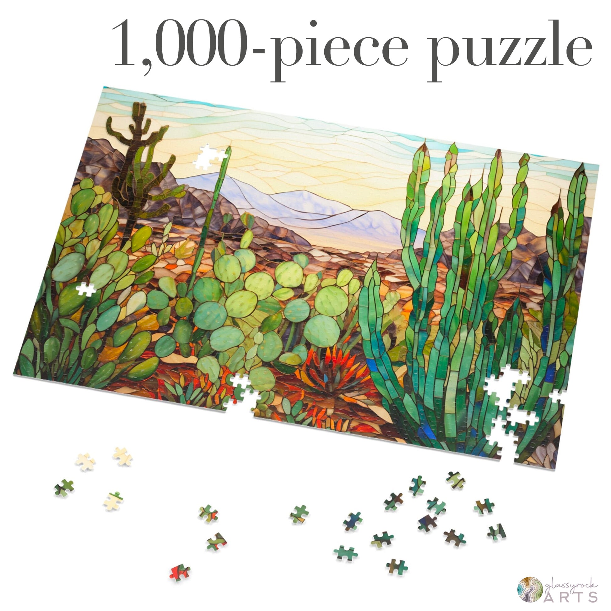 A picture of the Stained Glass Succulents Jigsaw Puzzle from GlassyRock Arts. 