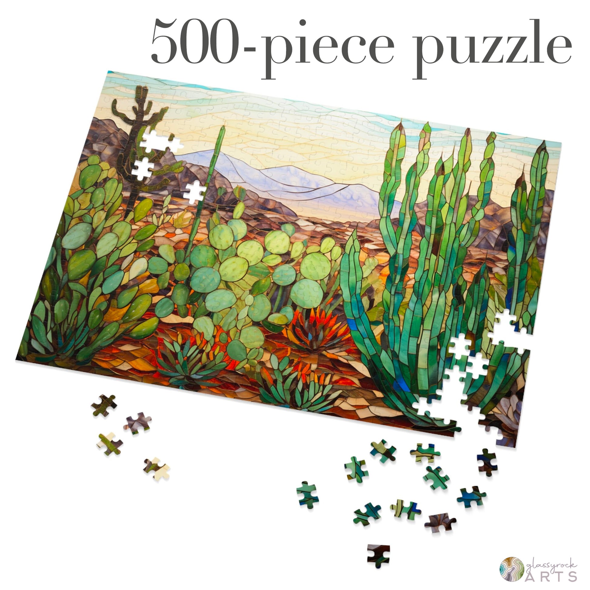 A picture of the Stained Glass Succulents Jigsaw Puzzle from GlassyRock Arts. 