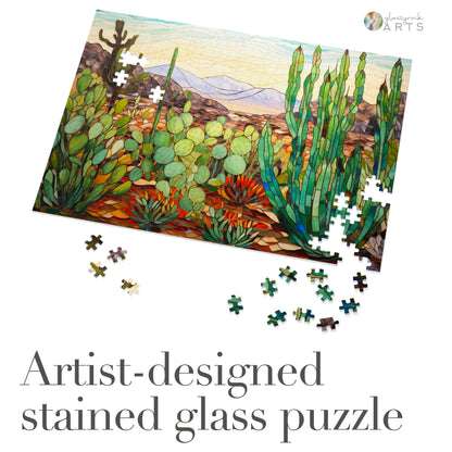 A picture of the Stained Glass Succulents Jigsaw Puzzle from GlassyRock Arts. 