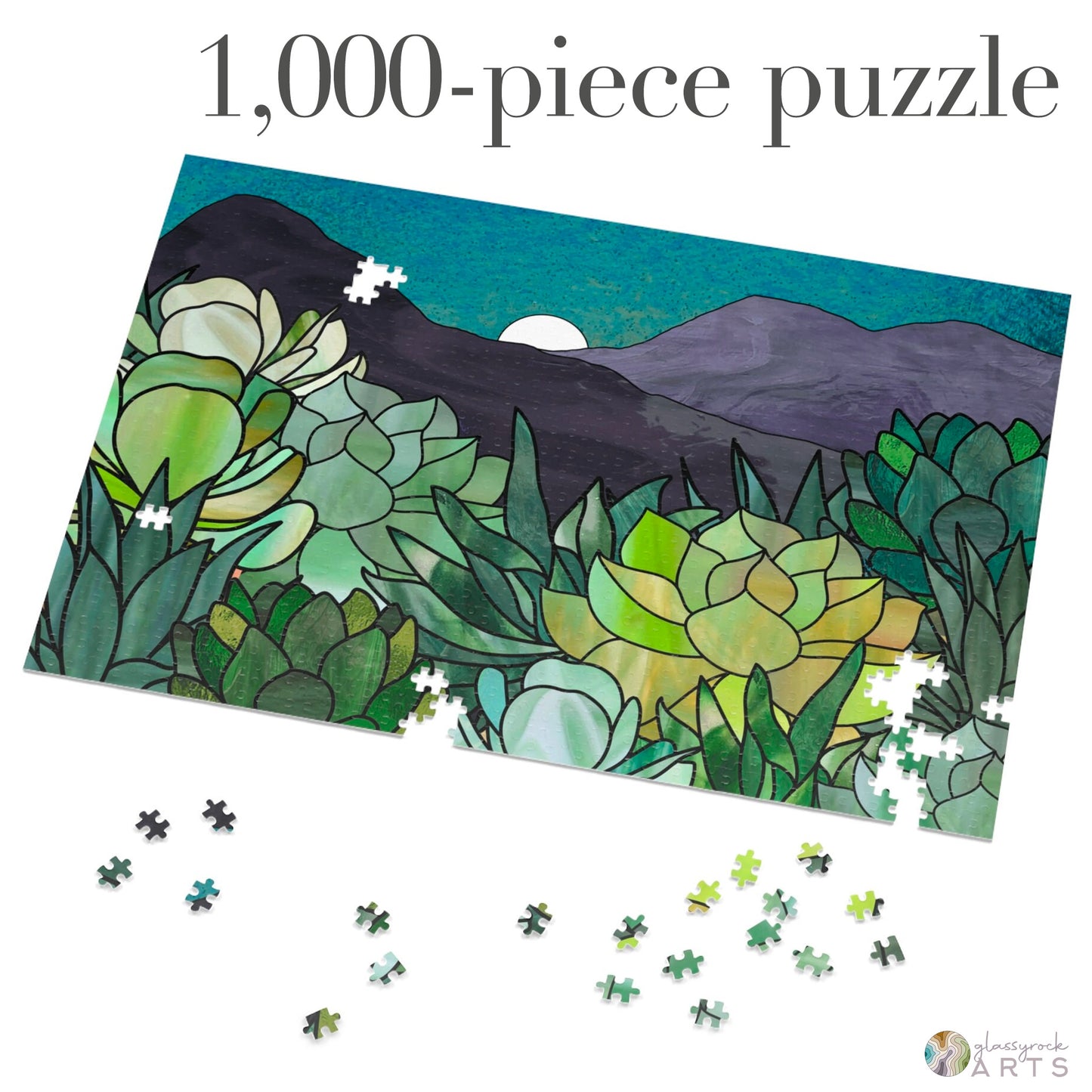 A picture of the Stained Glass Succulent Garden Jigsaw Puzzle from GlassyRock Arts. 