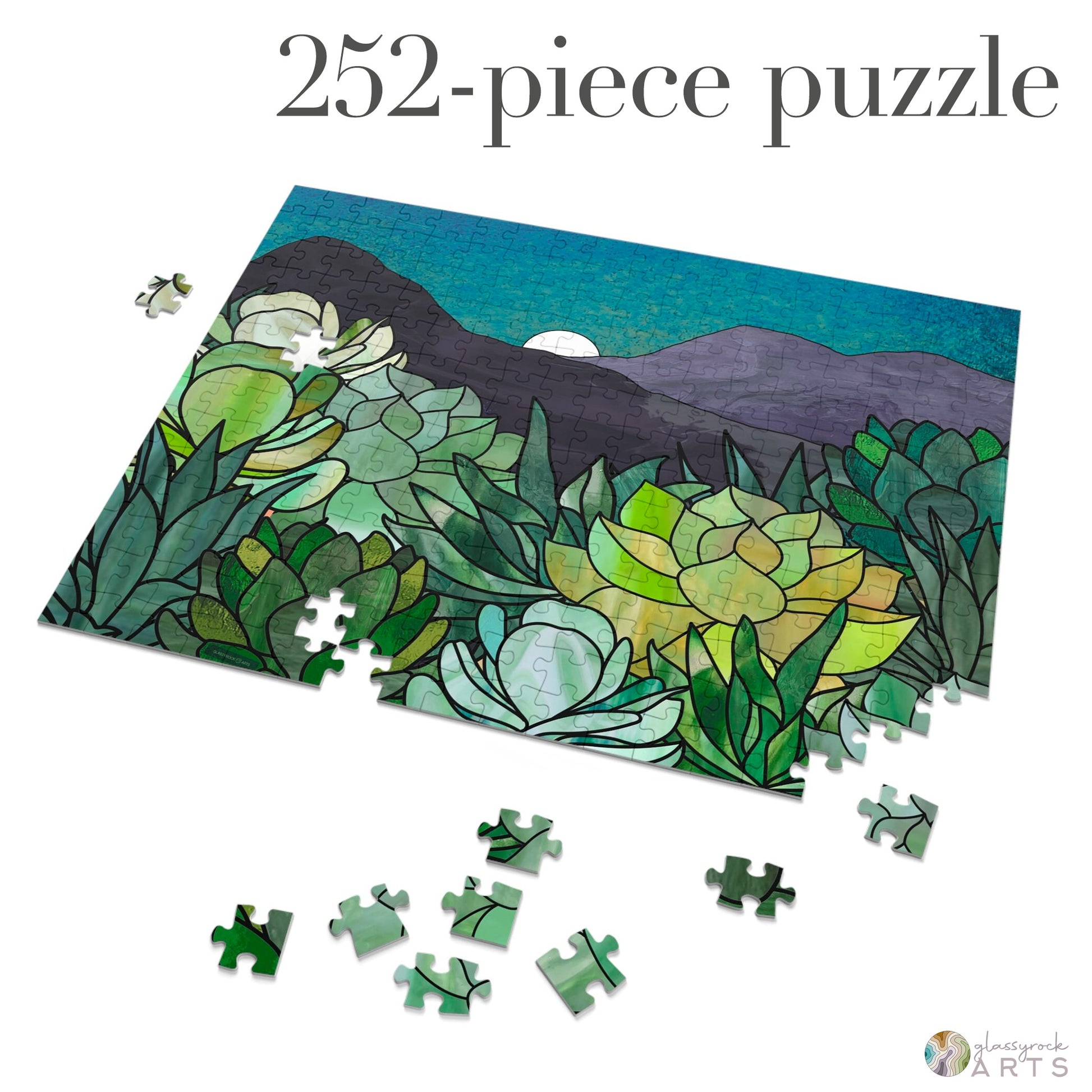 A picture of the Stained Glass Succulent Garden Jigsaw Puzzle from GlassyRock Arts. 