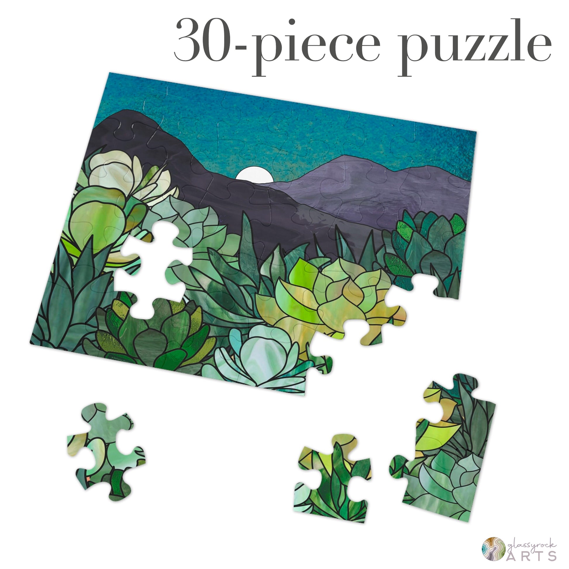 A picture of the Stained Glass Succulent Garden Jigsaw Puzzle from GlassyRock Arts. 