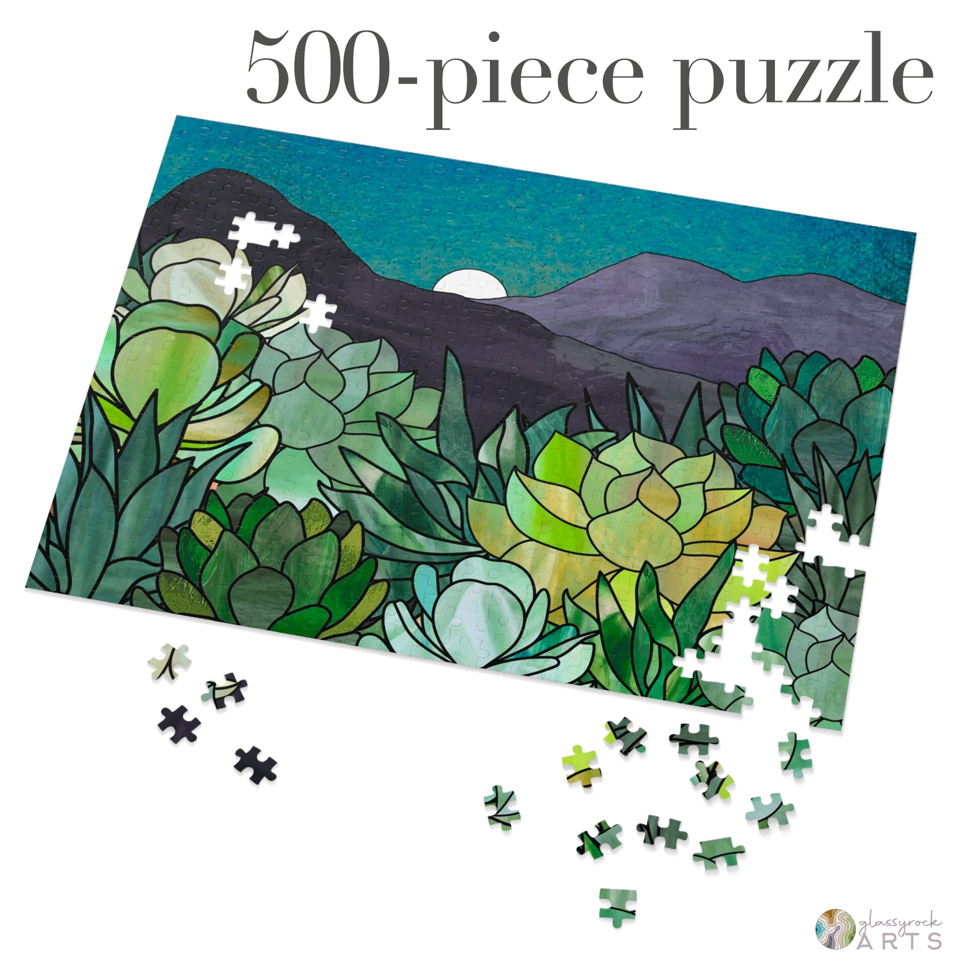 A picture of the Stained Glass Succulent Garden Jigsaw Puzzle from GlassyRock Arts. 