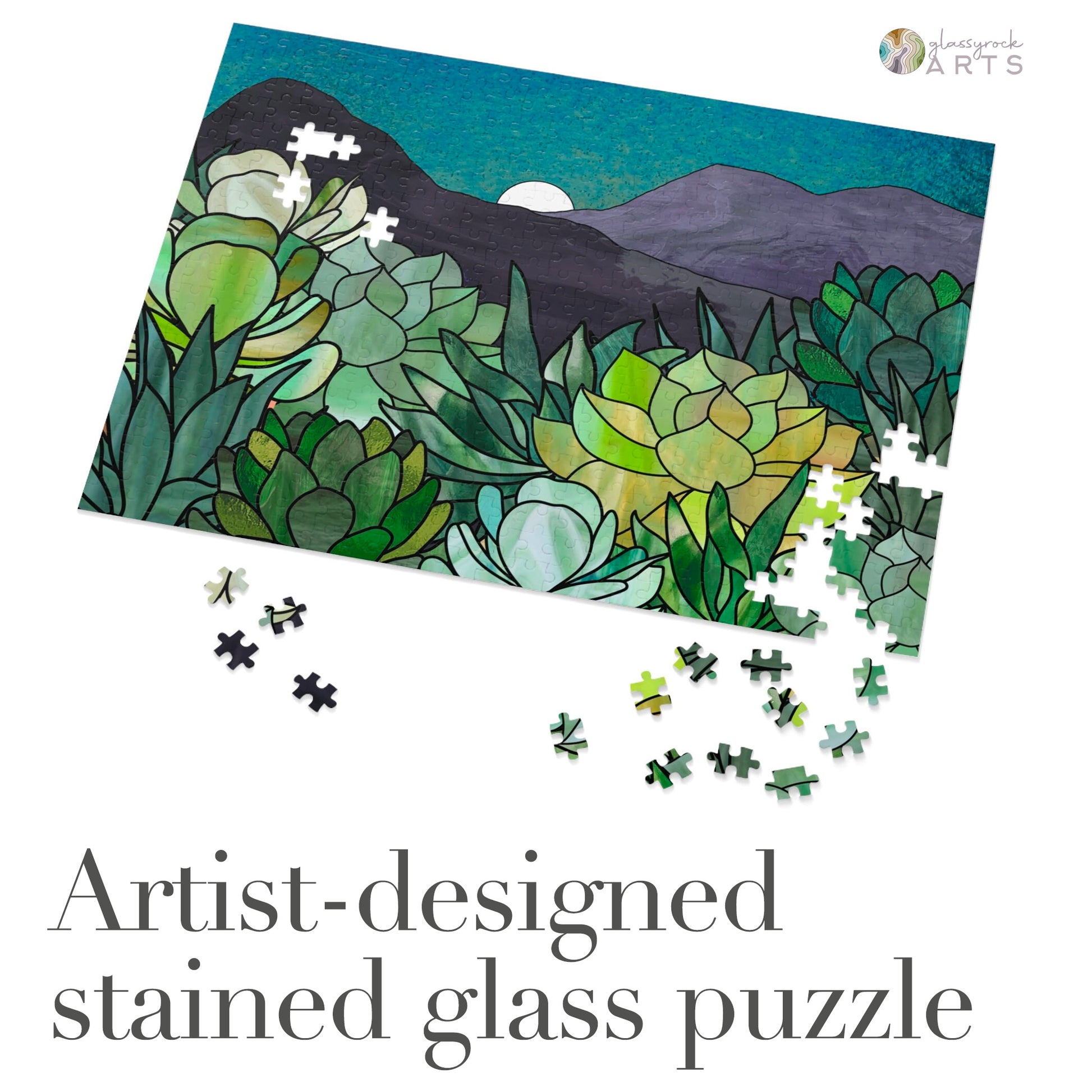 A picture of the Stained Glass Succulent Garden Jigsaw Puzzle from GlassyRock Arts. 