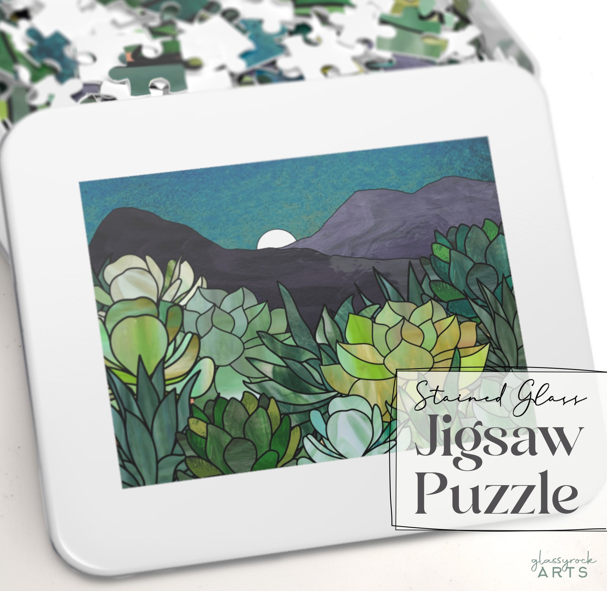 A picture of the Stained Glass Succulent Garden Jigsaw Puzzle from GlassyRock Arts. 