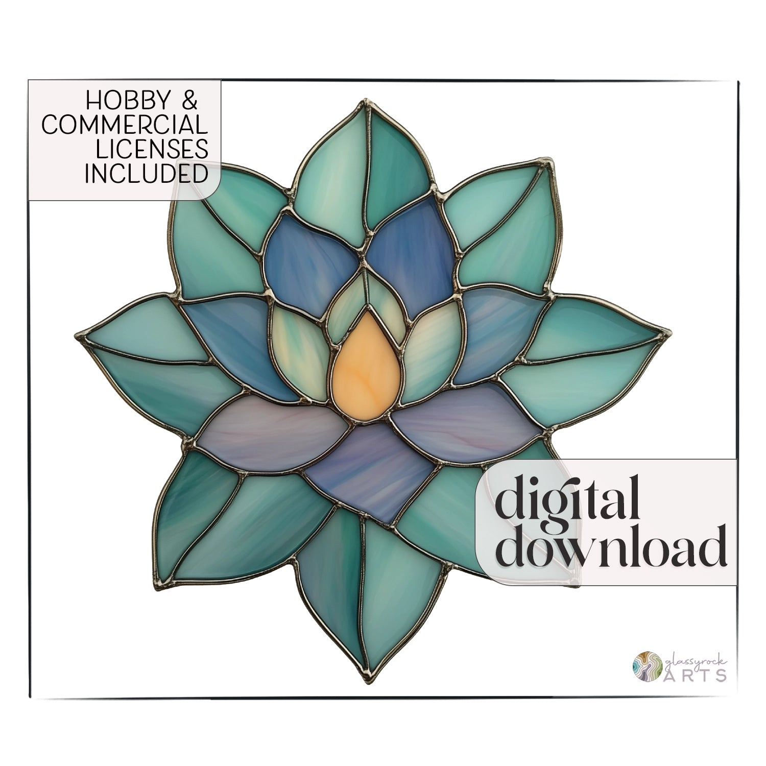 A colorful succulent suncatcher with the words "digital download" and "hobby and commercial licenses included" superimposed on top.