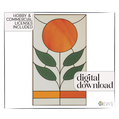 An orange, white, and green stained glass panel featuring a sun as the flower and four green leaves. The panel is rectangular and tall. There is text superimposed which reads "hobby and commercial licenses included" and "digital download."