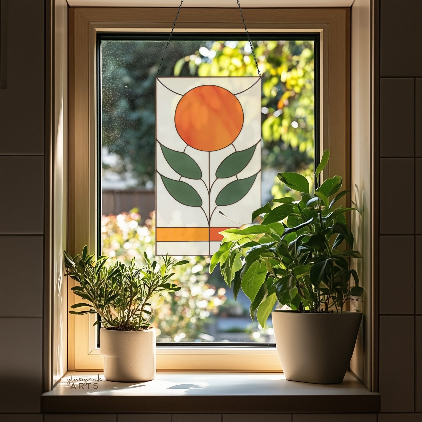 An orange, white, and green stained glass panel featuring a sun as the flower and four green leaves. The panel is rectangular and tall and hangs in a window with trees behind.