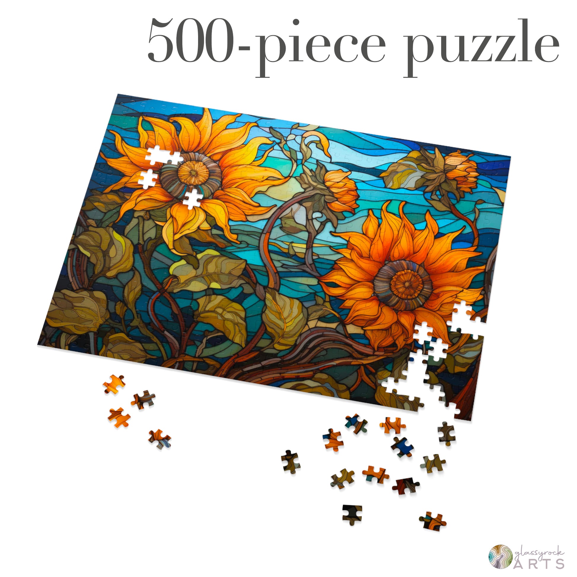 A picture of the Stained Glass Sunflowers Jigsaw Puzzle from GlassyRock Arts. 