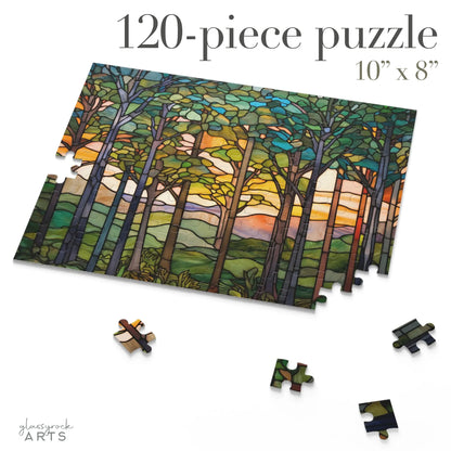 A colorful image of a stained glass-inspired forest jigsaw puzzle with green trees and hills and blue sky. 120 pieces.