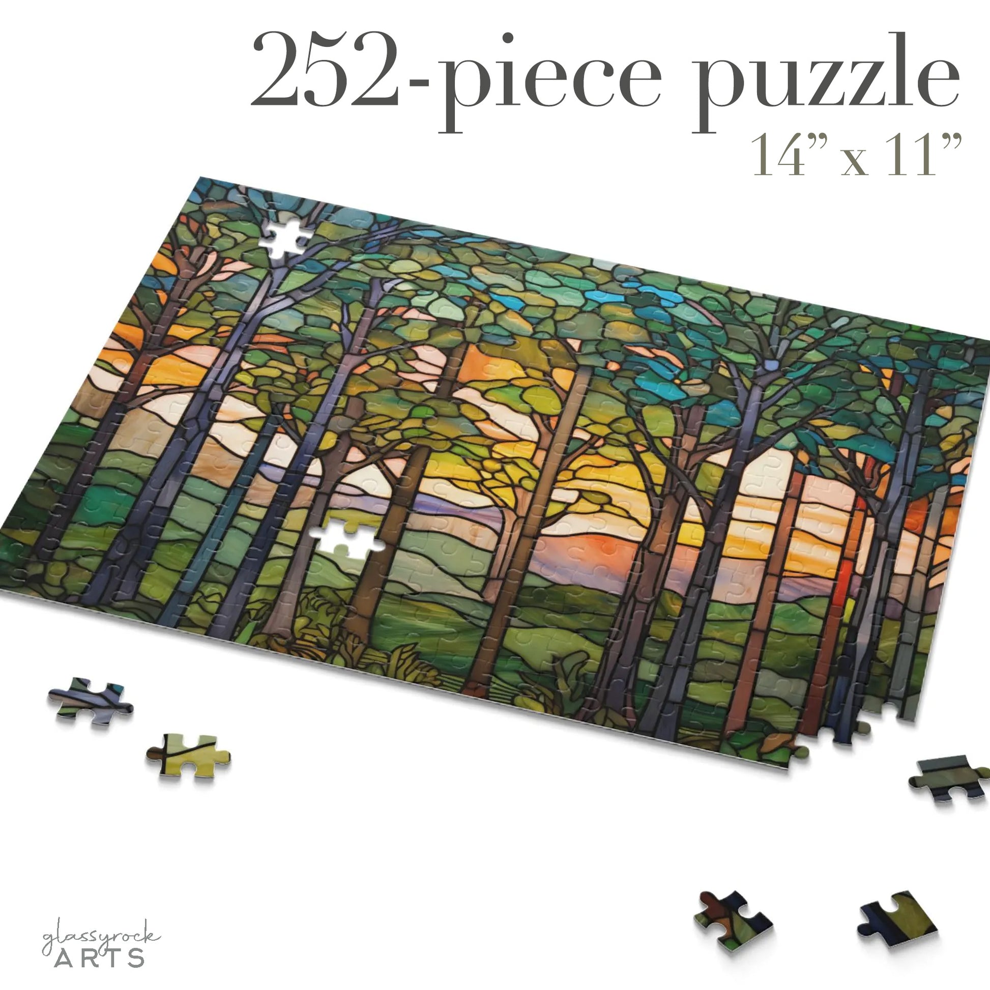 A colorful image of a stained glass-inspired forest jigsaw puzzle with green trees and hills and blue sky. 252 pieces.