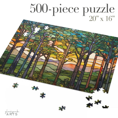 A colorful image of a stained glass-inspired forest jigsaw puzzle with green trees and hills and blue sky. 500 pieces.