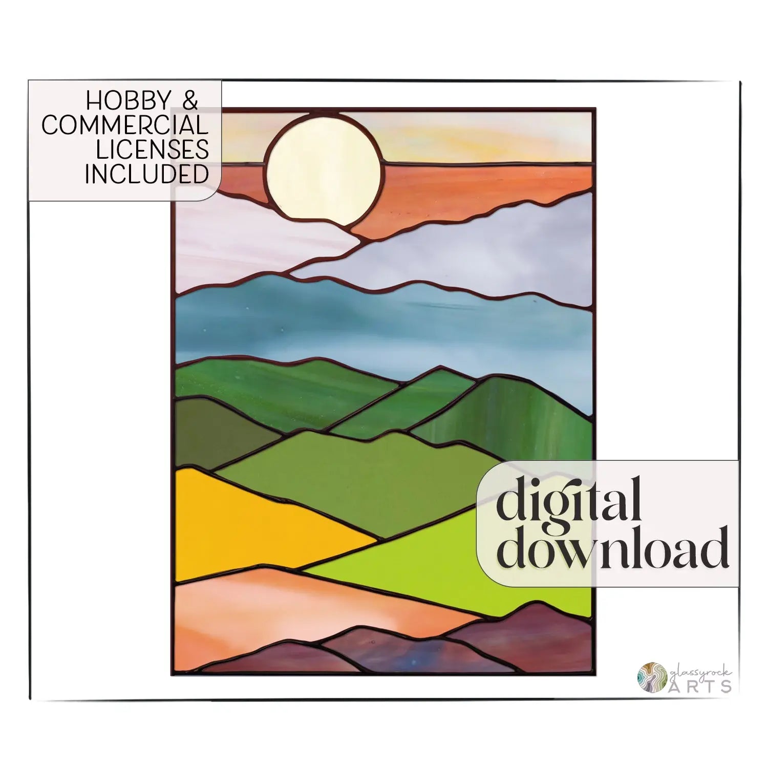 The Mountain Landscape Stained Glass Pattern features a sunset over mountains, with multicolored hills and a pastel sky. Includes the text Hobby & Commercial Licenses Included and digital download at the bottom.