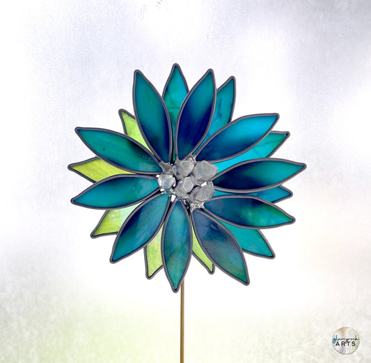 Handmade Stained Glass Flower and Crystal Plant Stake - Teal