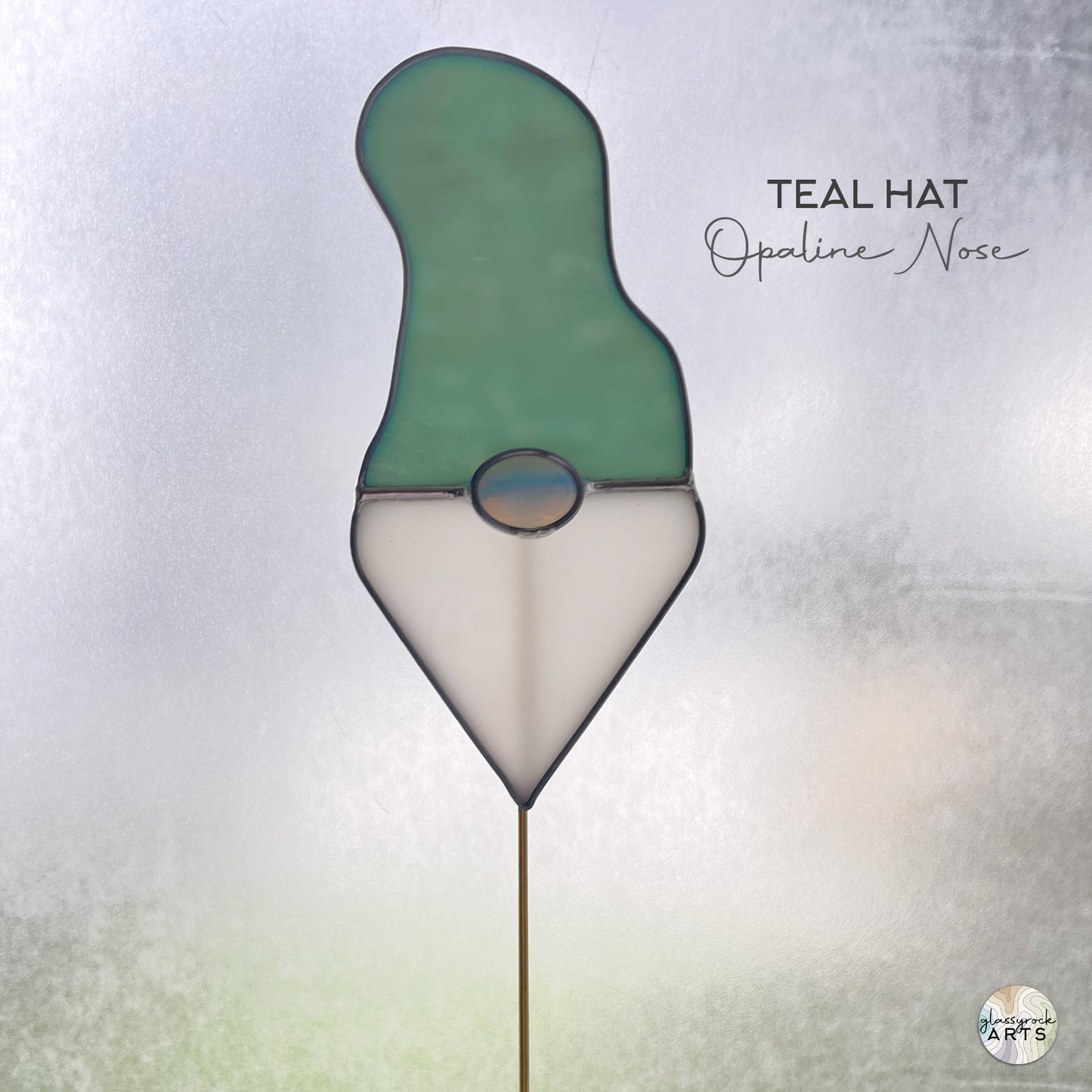 Handmade Stained Glass Gnome Plant Stake - Teal Hat