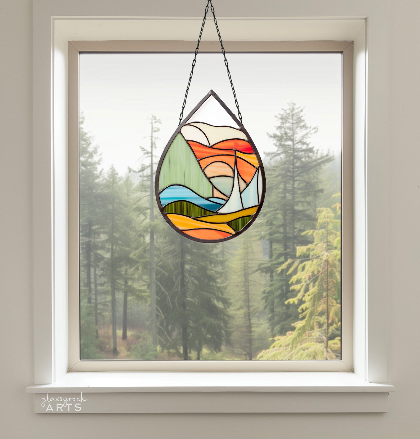 A picture of the Abstract Landscape Stained Glass Teardrop Pattern from GlassyRock Arts. 