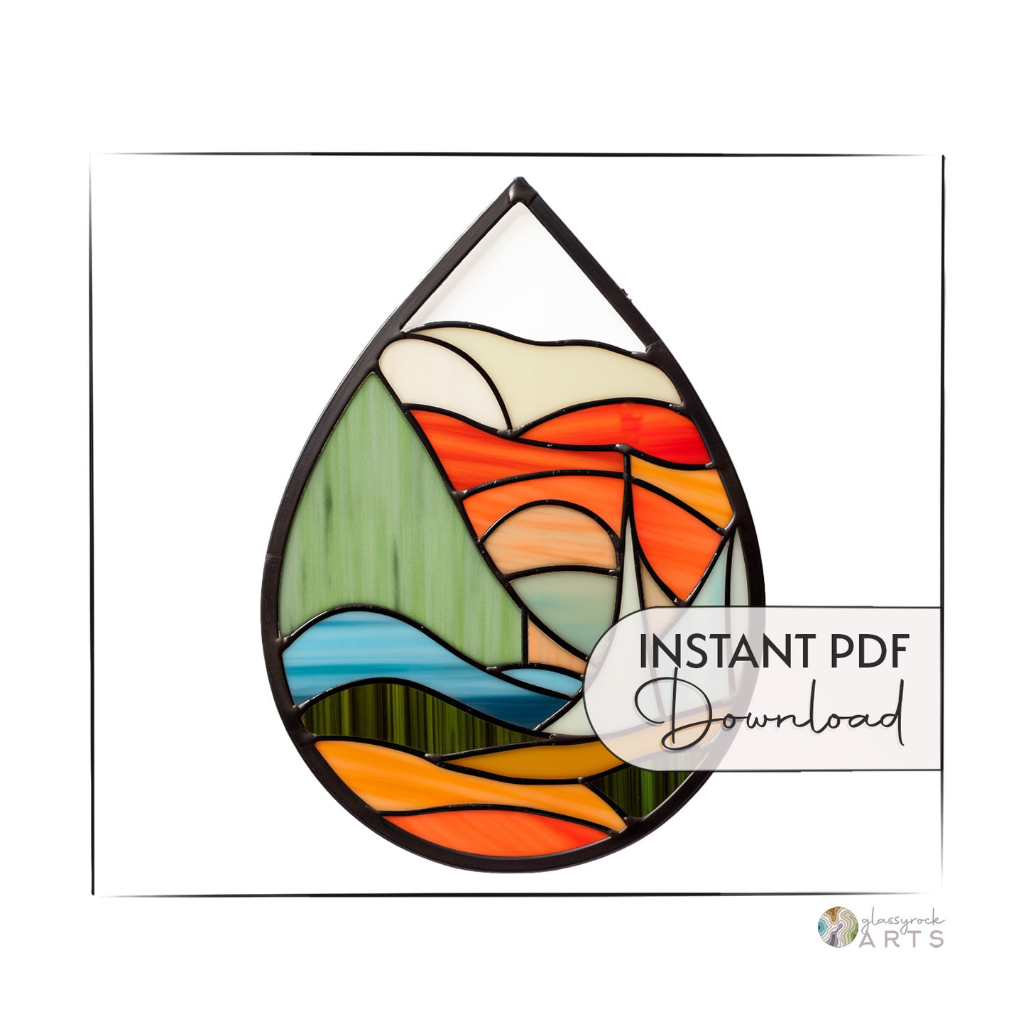 A teardrop-shaped stained glass piece displays a vibrant landscape with hills, a river, and a sunset. "INSTANT PDF Download" text is overlaid on the image.