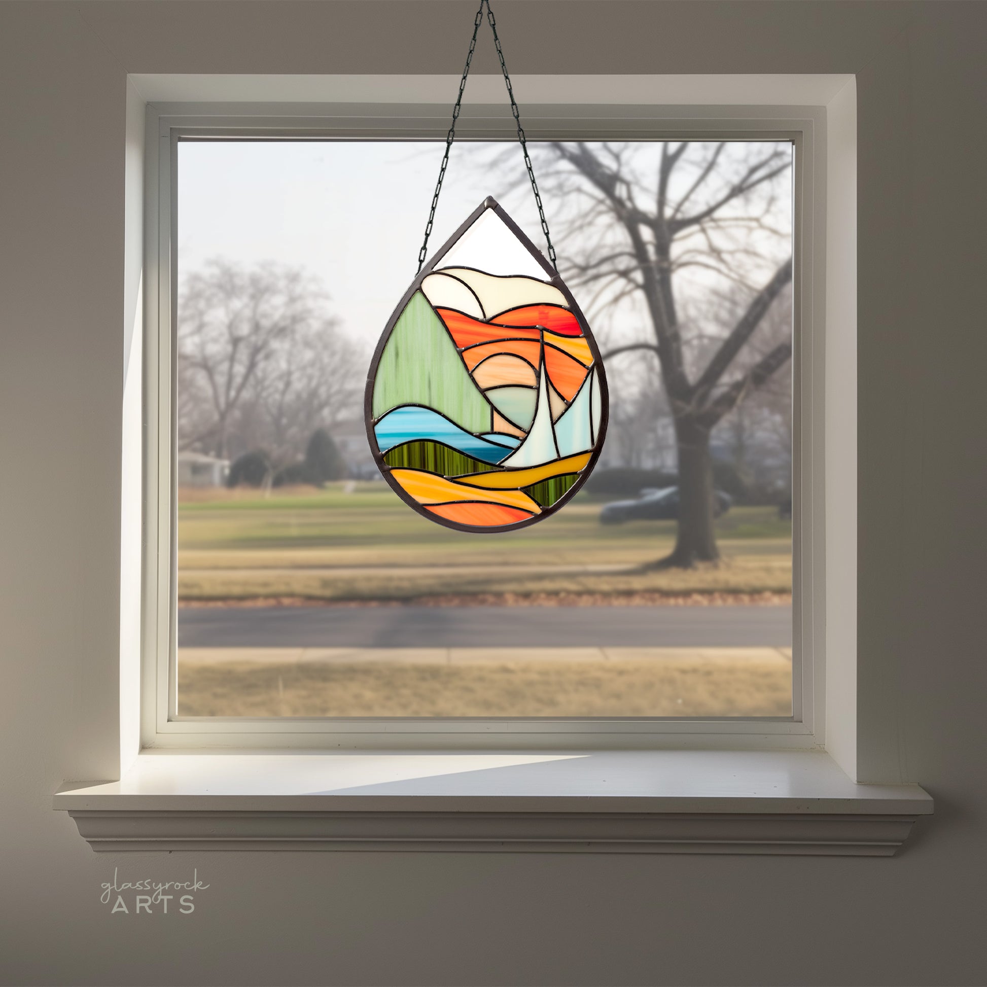 A picture of the Abstract Landscape Stained Glass Teardrop Pattern from GlassyRock Arts. 