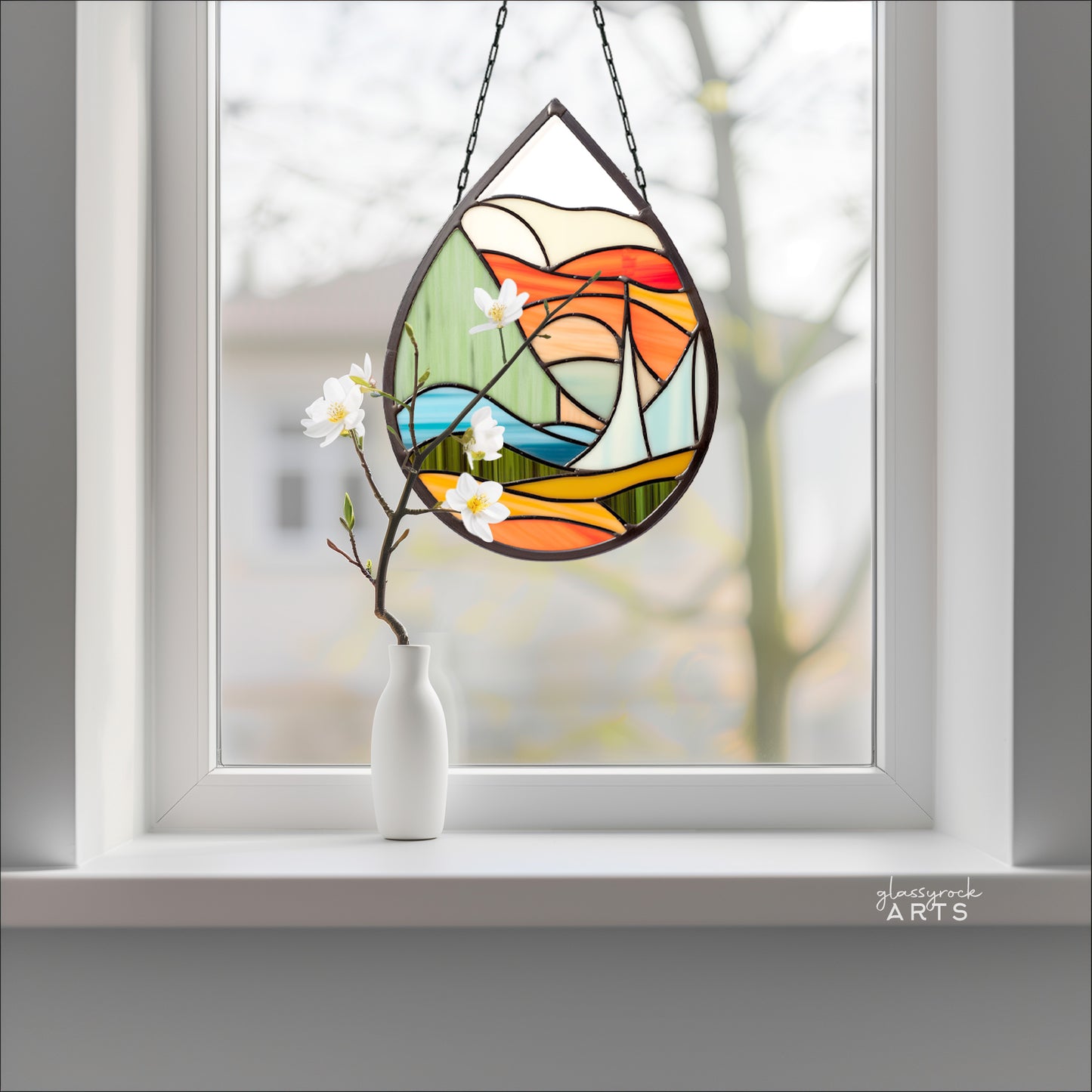 A picture of the Abstract Landscape Stained Glass Teardrop Pattern from GlassyRock Arts. 