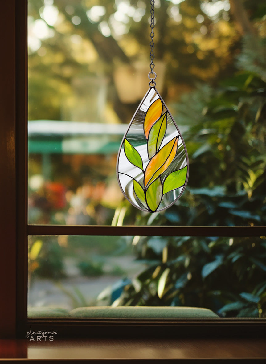 Teardrop Stained Glass Autumn Leaves Pattern