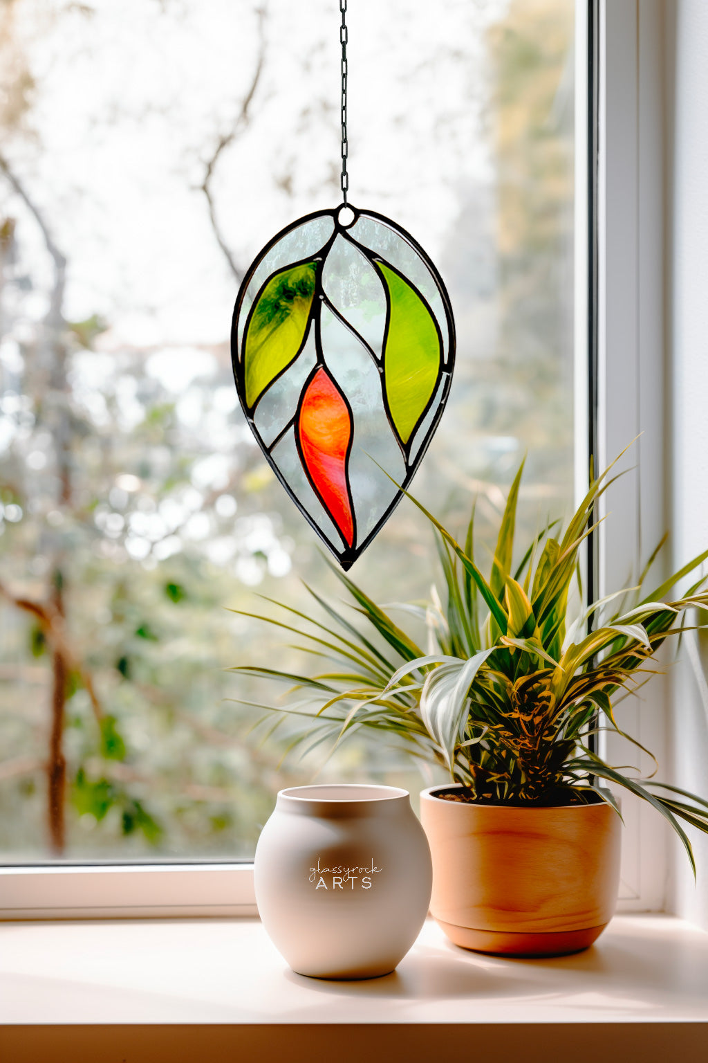 Hanging Plant Stained Glass Leaves Pattern