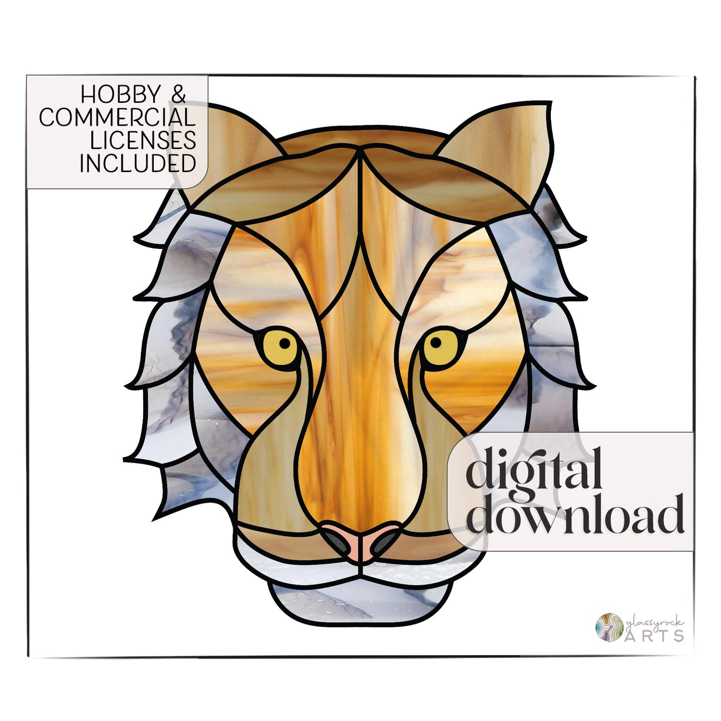 Illustration of a geometric tiger face in a boho stained-glass style with amber and gray tones. Text: Tiger Eyes Stained Glass Pattern, Hobby & Commercial Licenses Included, and digital download. Logo: glasscages ARTS in the corner.