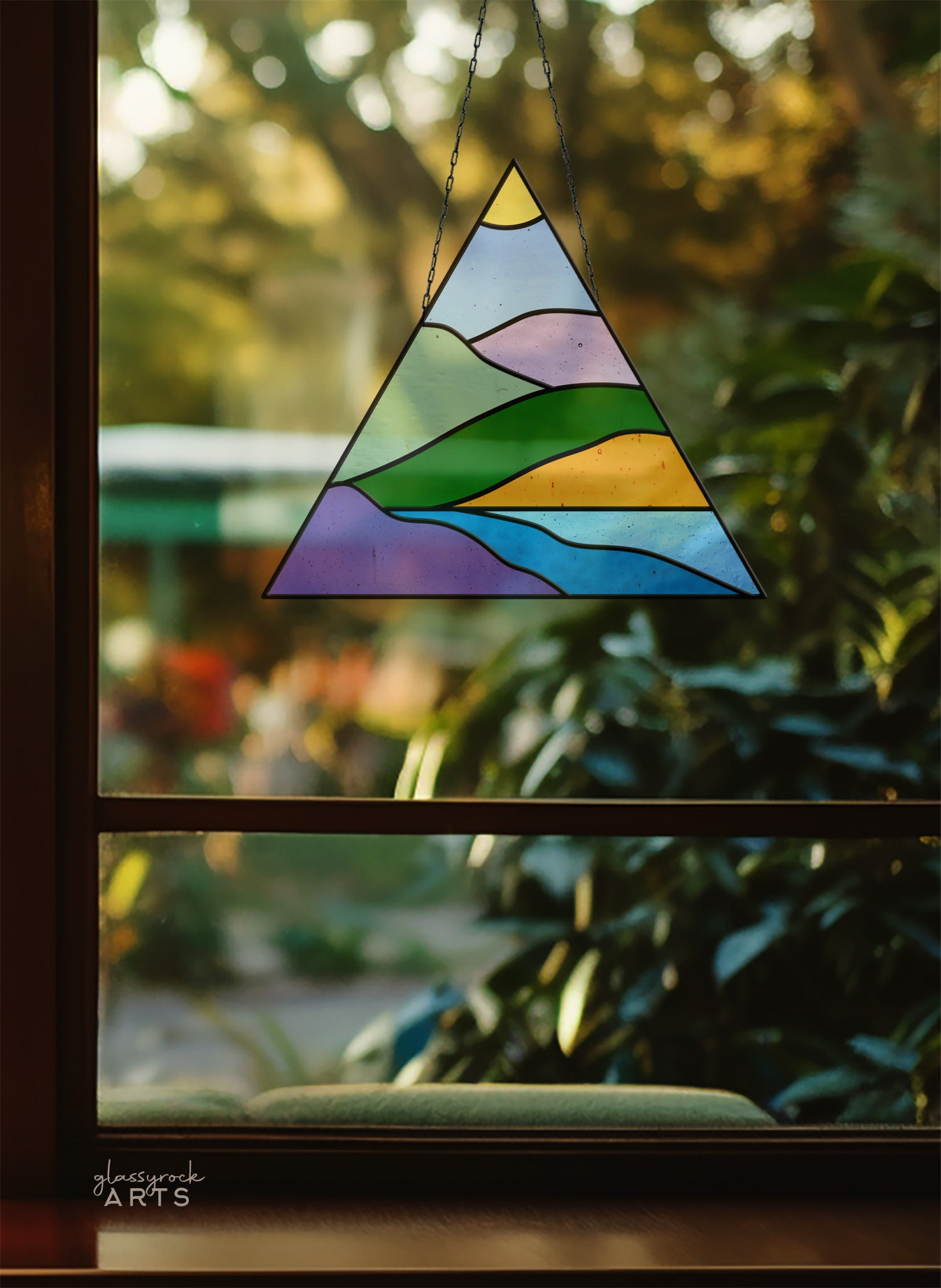 A picture of the Boho Landscape Triangle Stained Glass Pattern from GlassyRock Arts. 