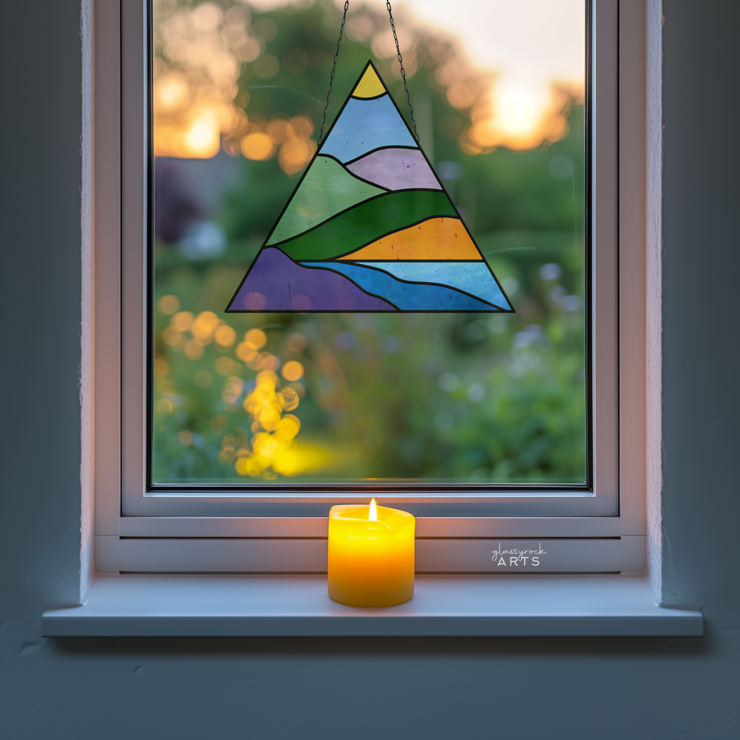 A picture of the Boho Landscape Triangle Stained Glass Pattern from GlassyRock Arts. 