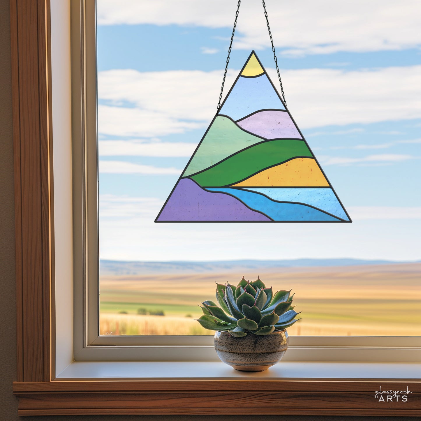 A picture of the Boho Landscape Triangle Stained Glass Pattern from GlassyRock Arts. 